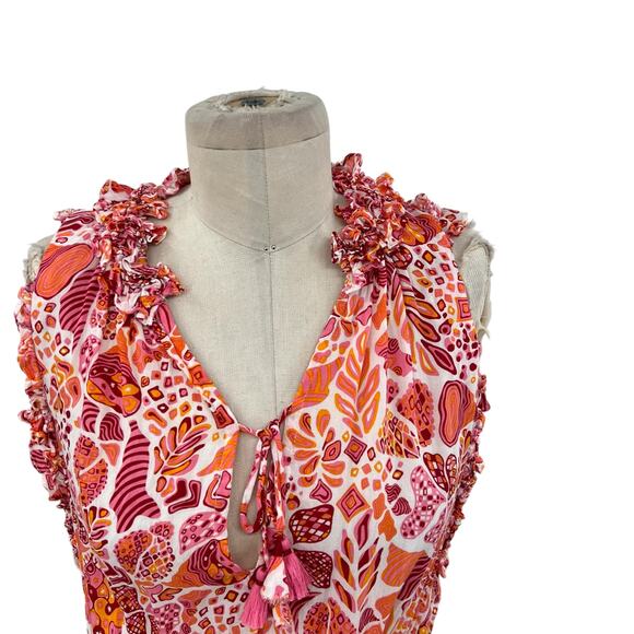 Poupette St Barth Clara Mini Dress Red Chagal Print‎ Orange Pink Size Medium - Picture 3 of 13